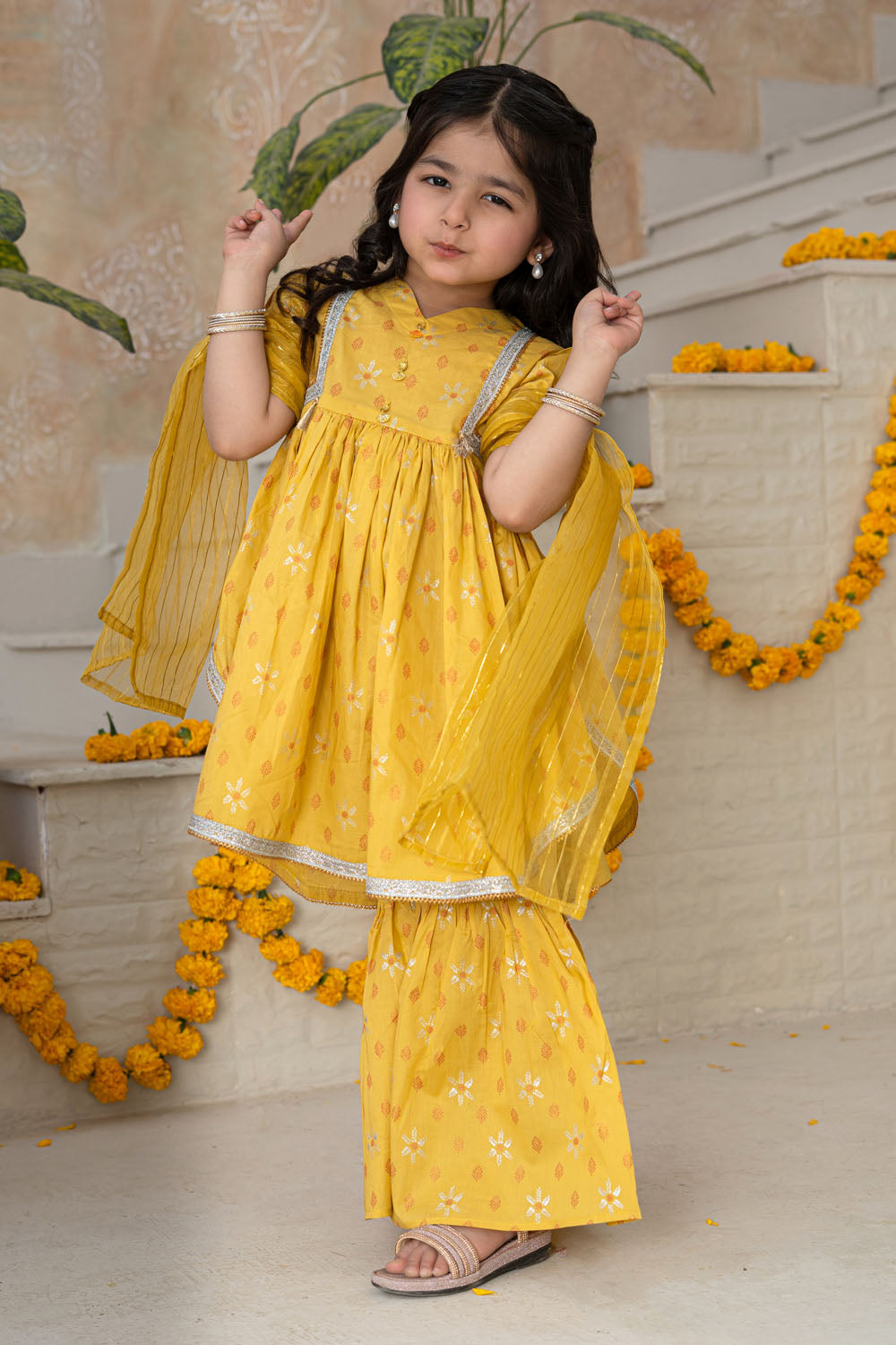 3 Piece Cotton Tunic with Gharara for Girls Mustard Festive Wear K-MG-004