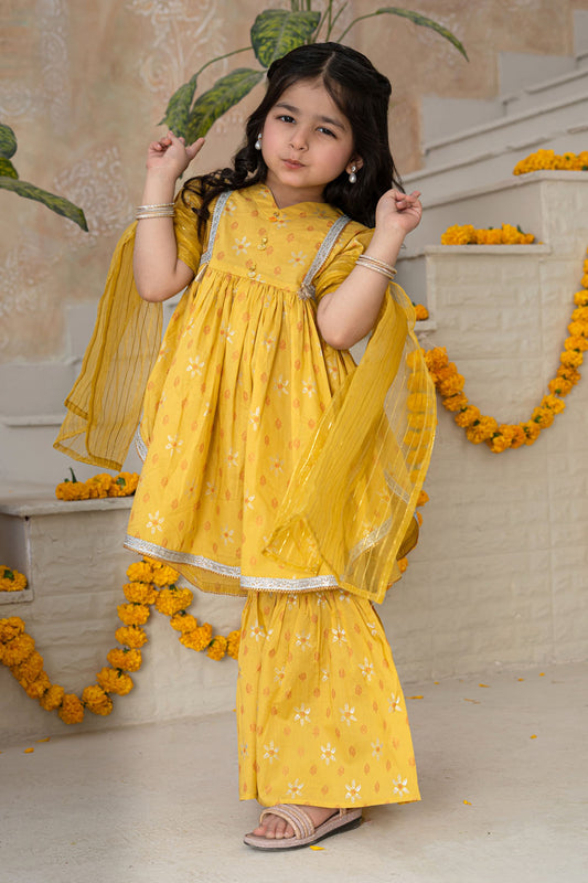 3 Piece Cotton Tunic with Gharara for Girls Mustard Festive Wear K-MG-004