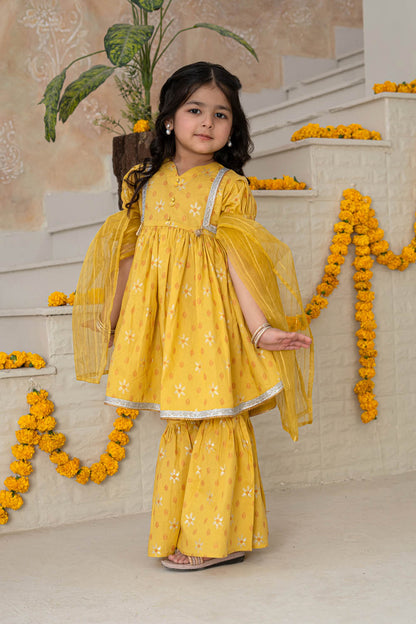 3 Piece Cotton Tunic with Gharara for Girls Mustard Festive Wear K-MG-004