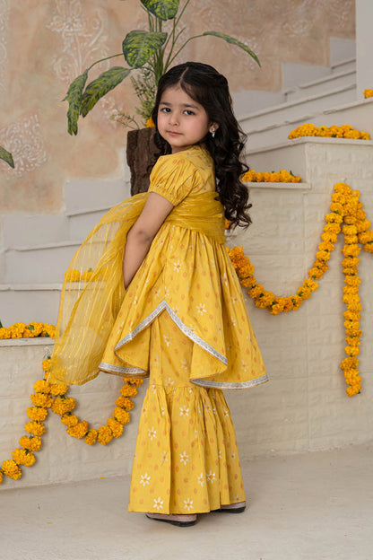 3 Piece Cotton Tunic with Gharara for Girls Mustard Festive Wear K-MG-004