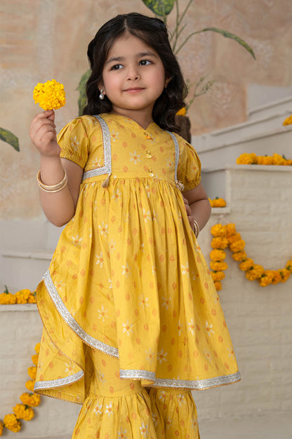 3 Piece Cotton Tunic with Gharara for Girls Mustard Festive Wear K-MG-004
