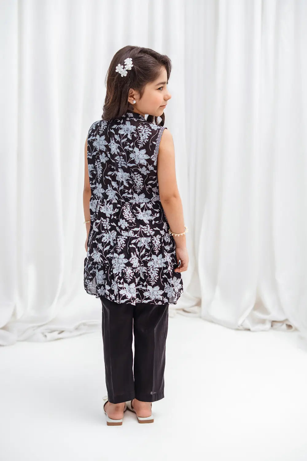Girls Black Floral Lawn Tunic & Straight Pants 2 Piece K-MC-TP-010