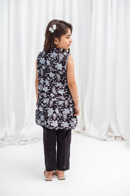 Girls Black Floral Lawn Tunic & Straight Pants 2 Piece K-MC-TP-010
