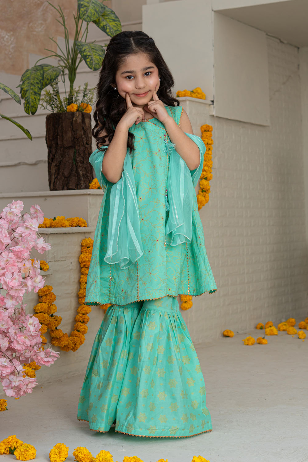 3 Piece Cotton Peplum Gharara for Girls Mint Green Festive Wear K-MG-005