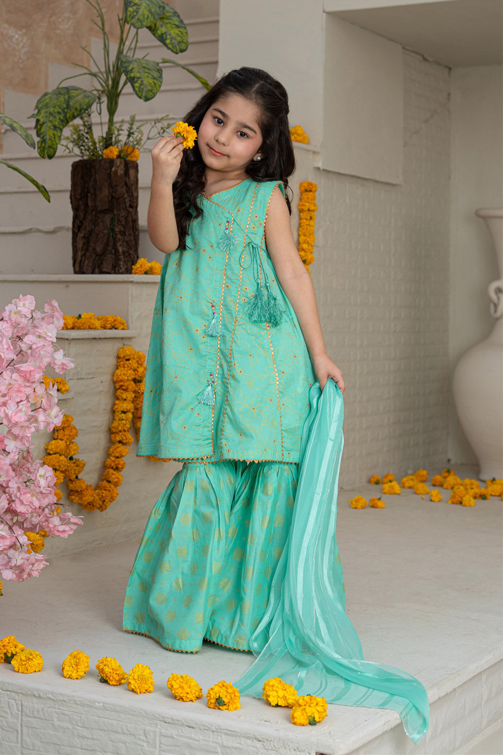 3 Piece Cotton Peplum Gharara for Girls Mint Green Festive Wear K-MG-005