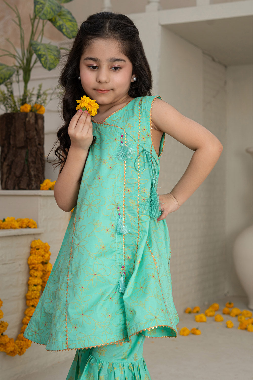 3 Piece Cotton Peplum Gharara for Girls Mint Green Festive Wear K-MG-005