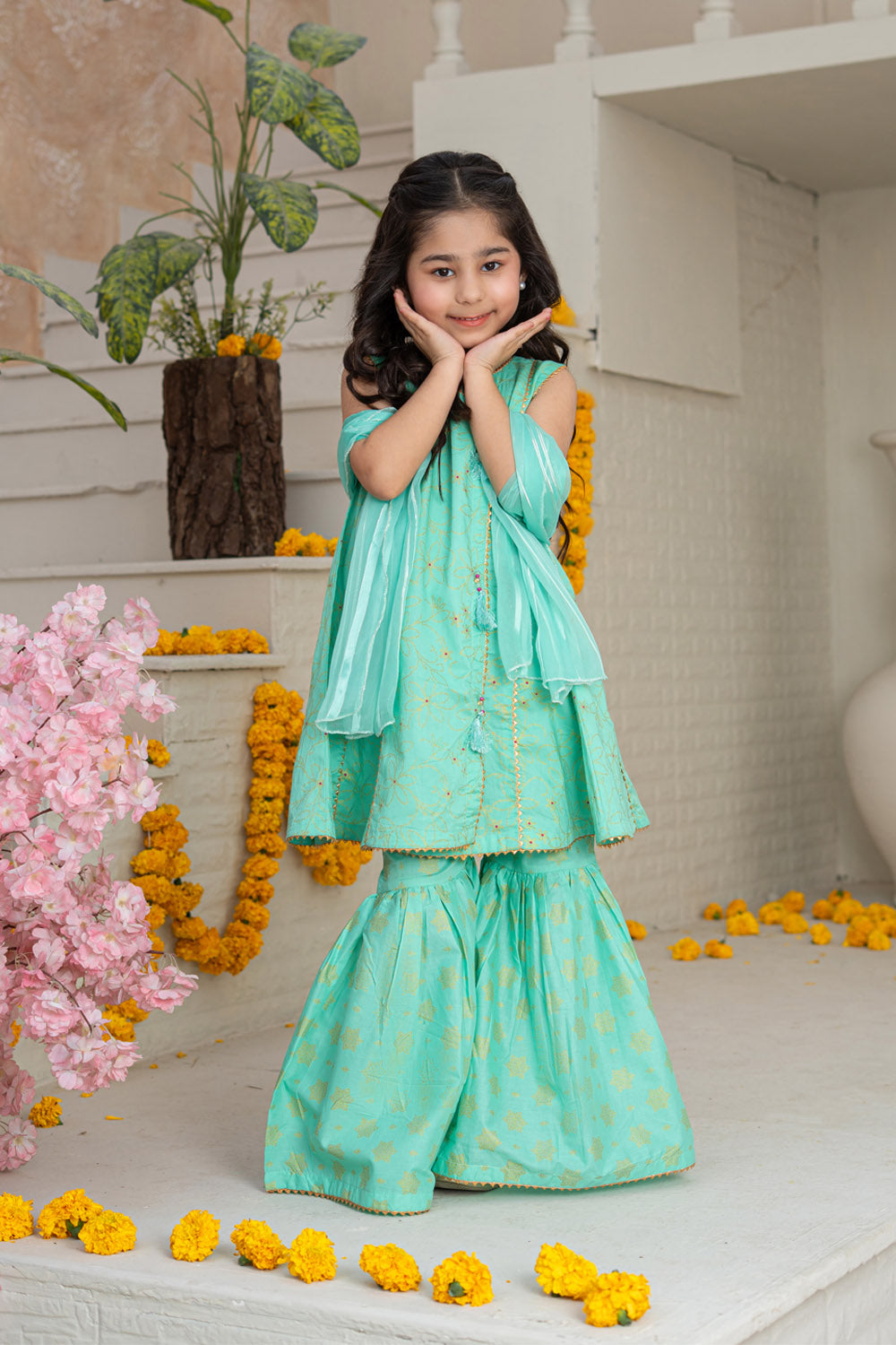 3 Piece Cotton Peplum Gharara for Girls Mint Green Festive Wear K-MG-005