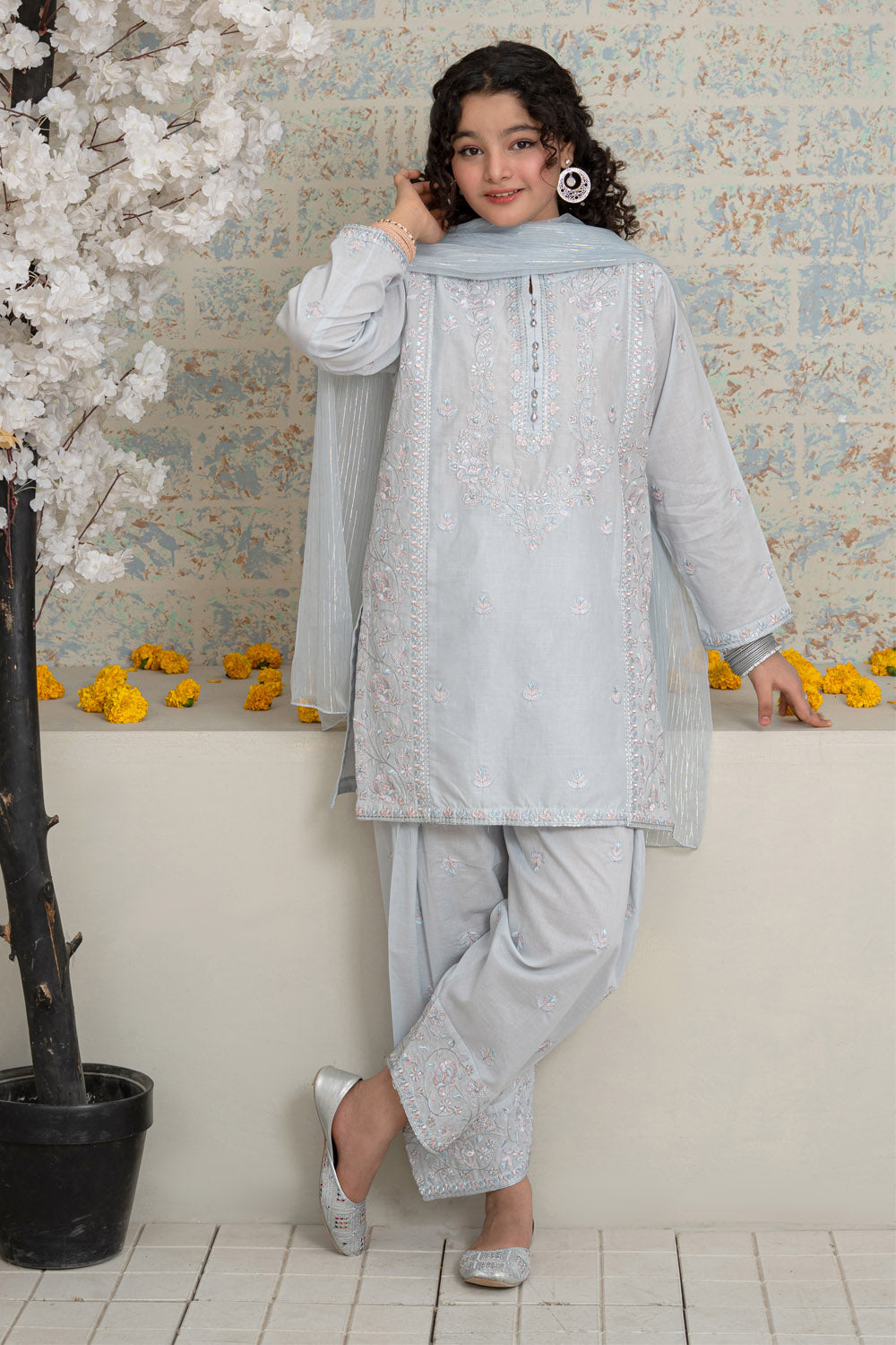 3 Piece Embroidered Cotton Lawn Eastern Formal Suit for Girls Light Grey T-SFC-S26-001