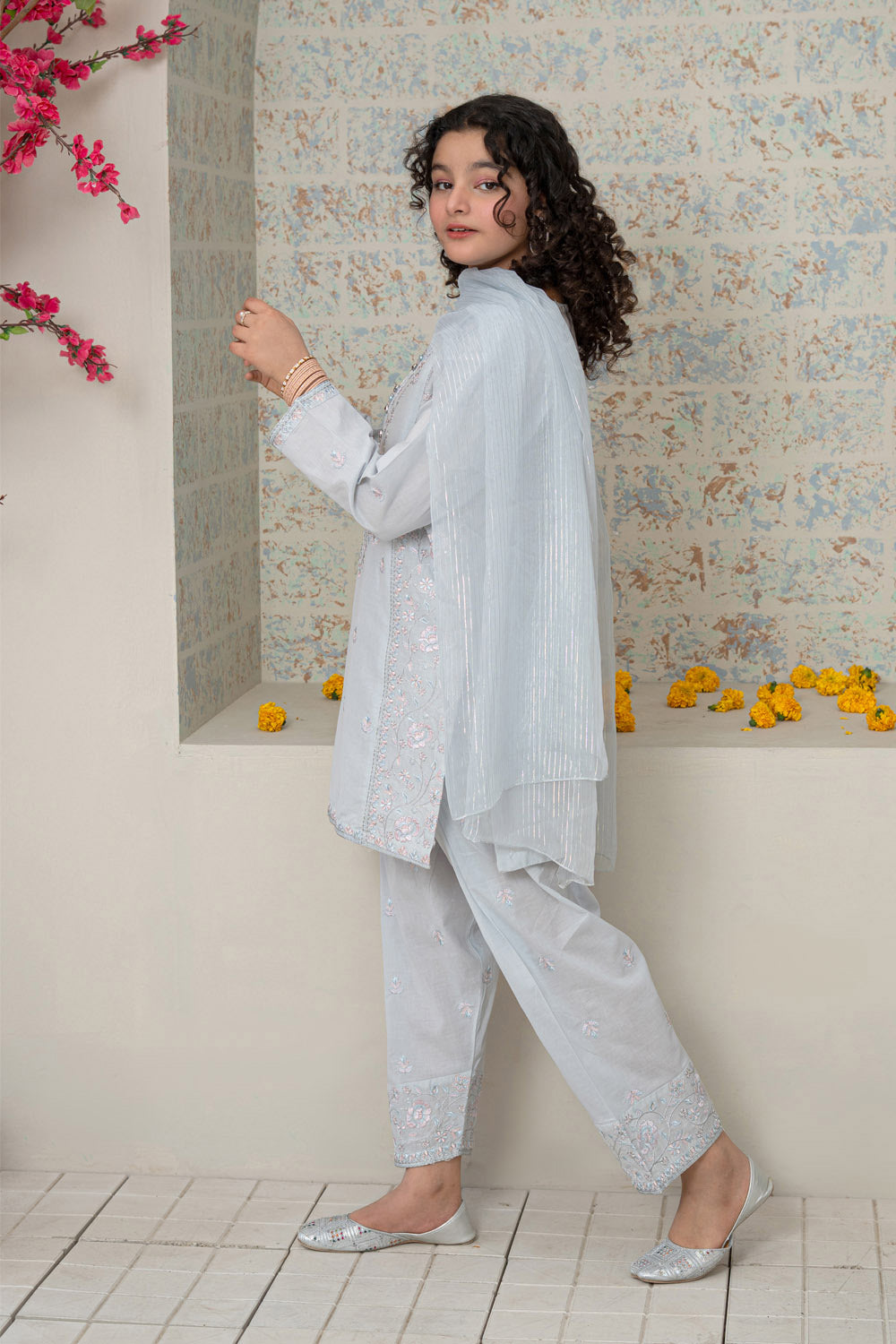 3 Piece Embroidered Cotton Lawn Eastern Formal Suit for Girls Light Grey T-SFC-S26-001
