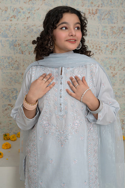 3 Piece Embroidered Cotton Lawn Eastern Formal Suit for Girls Light Grey T-SFC-S26-001