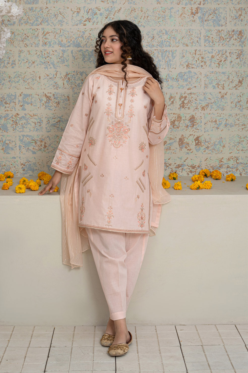 3 Piece Embroidered Cotton Lawn Eastern Formal Suit for Girls Salmon T-SFC-S26-005