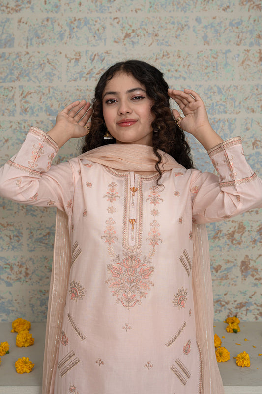 3 Piece Embroidered Cotton Lawn Eastern Formal Suit for Girls Salmon T-SFC-S26-005