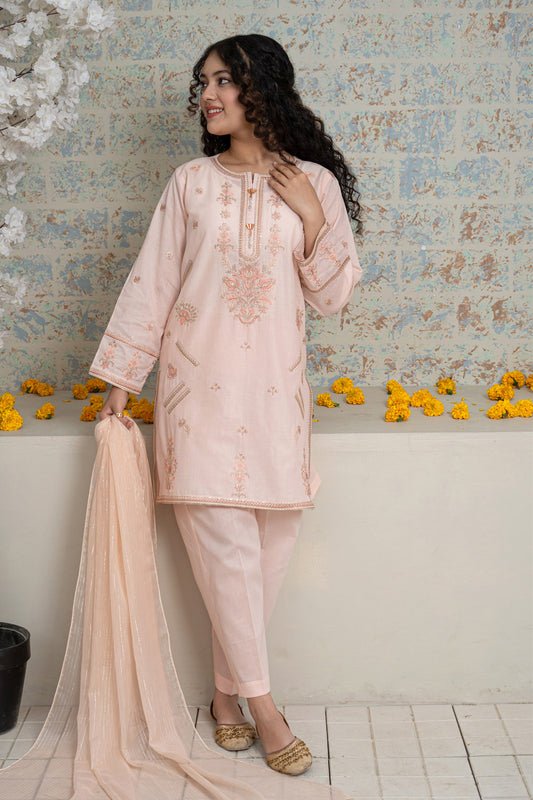 3 Piece Embroidered Cotton Lawn Eastern Formal Suit for Girls Salmon T-SFC-S26-005