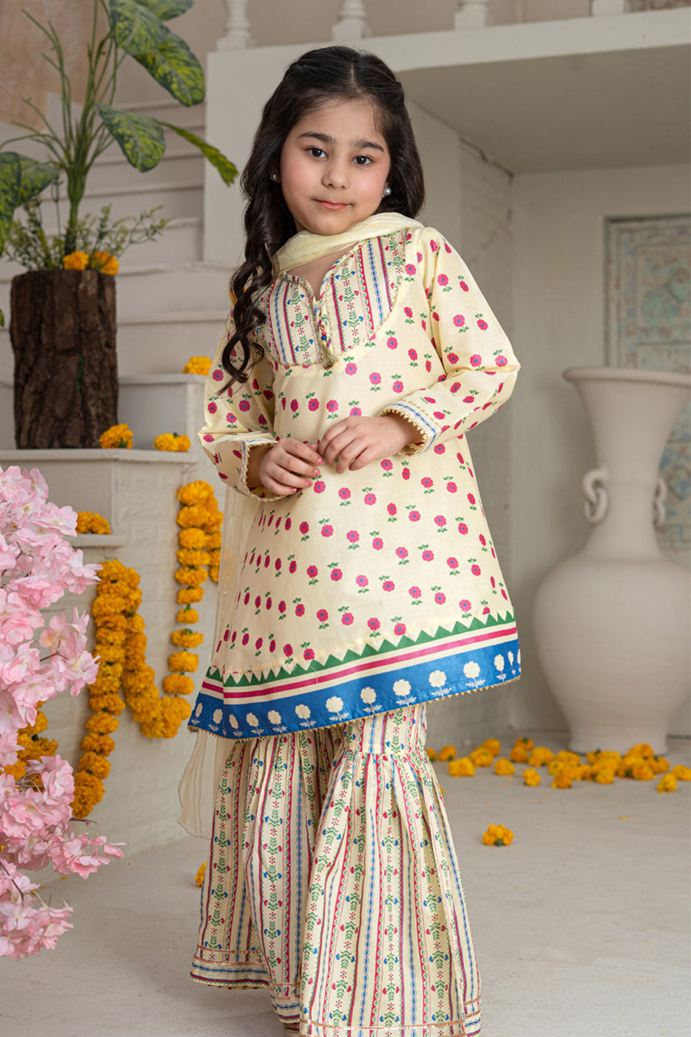 3 Piece Cotton A-Line Frock with Gharara for Girls Festive Wear K-MG-022