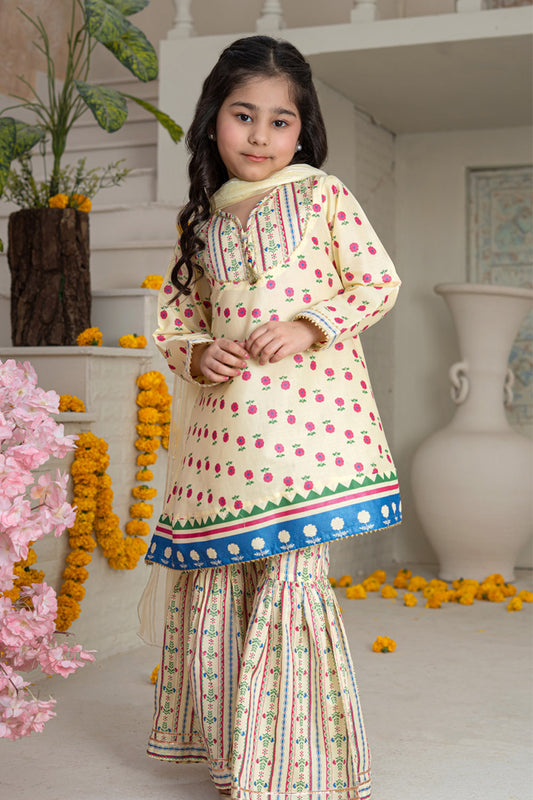 3 Piece Cotton A-Line Frock with Gharara for Girls Festive Wear K-MG-022