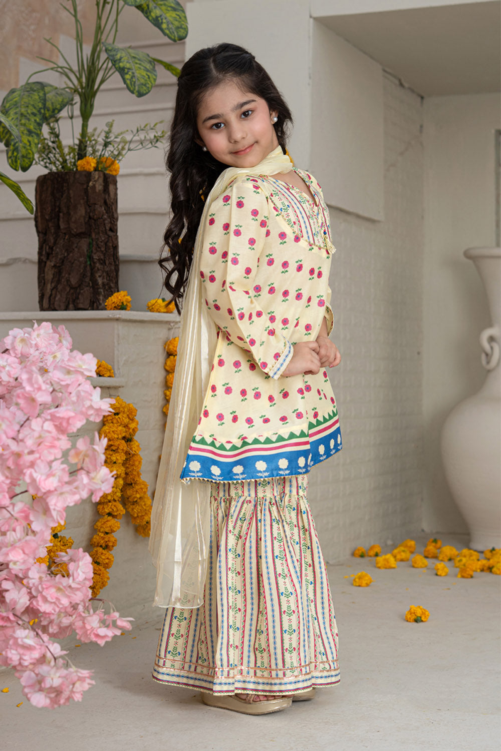 3 Piece Cotton A-Line Frock with Gharara for Girls Festive Wear K-MG-022