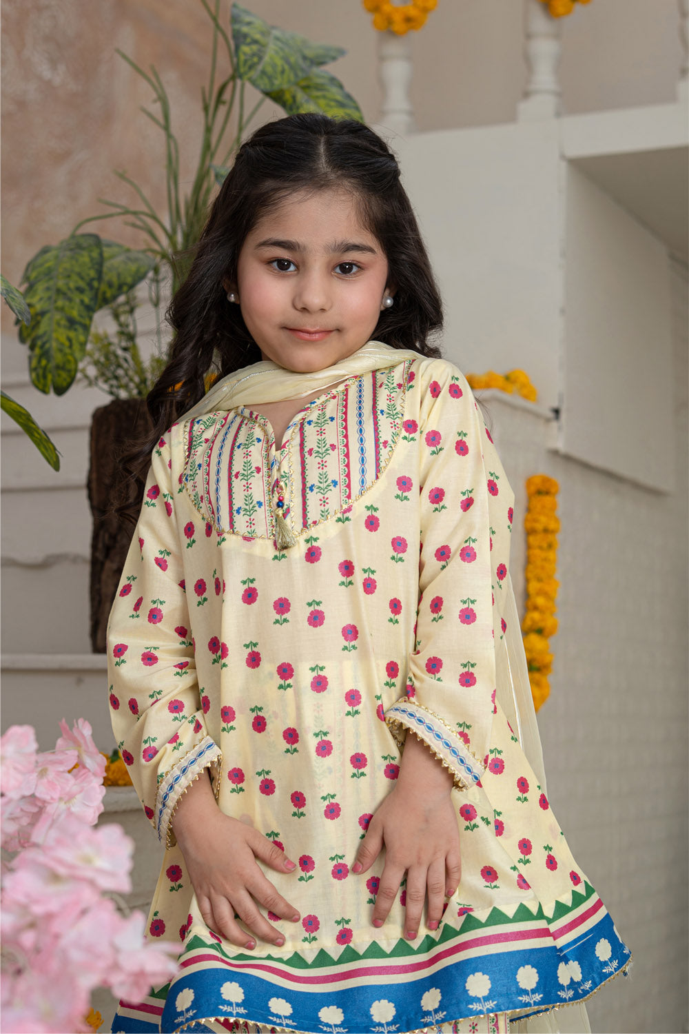 3 Piece Cotton A-Line Frock with Gharara for Girls Festive Wear K-MG-022