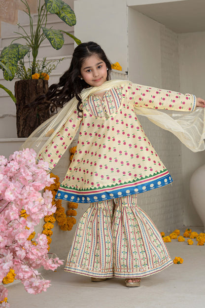 3 Piece Cotton A-Line Frock with Gharara for Girls Festive Wear K-MG-022