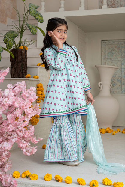 3 Piece Cotton Tunic with Gharara for Girls Pastel Mint Festive Wear K-MG-023