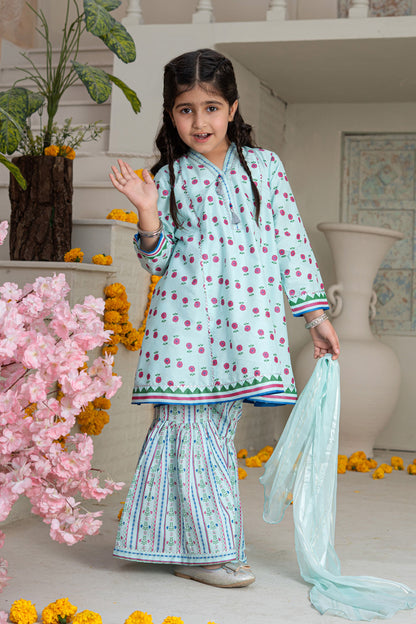 3 Piece Cotton Tunic with Gharara for Girls Pastel Mint Festive Wear K-MG-023