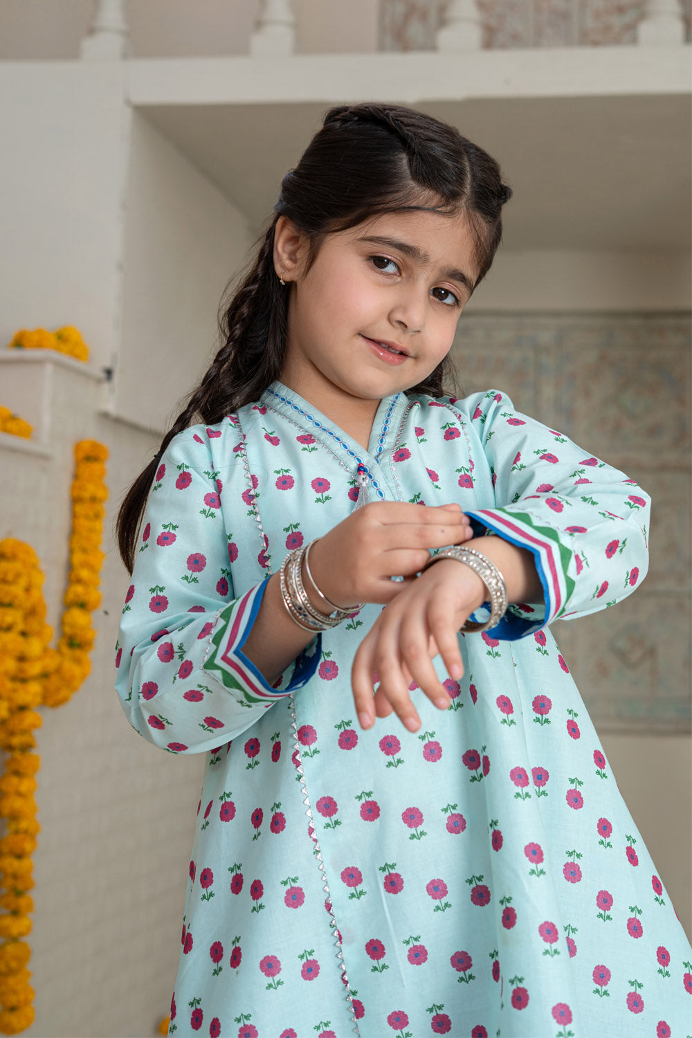 3 Piece Cotton Tunic with Gharara for Girls Pastel Mint Festive Wear K-MG-023