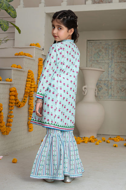 3 Piece Cotton Tunic with Gharara for Girls Pastel Mint Festive Wear K-MG-023