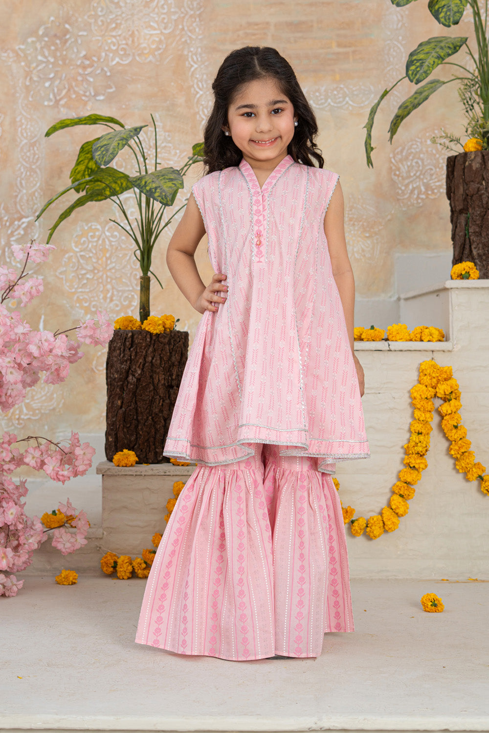 3 Piece Cotton Lawn Tunic with Sharara for Girls Baby Pink Festive Wear K-MG-008