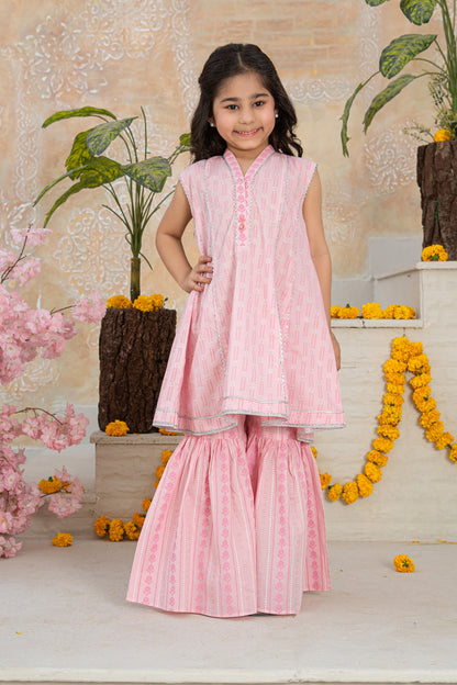 3 Piece Cotton Lawn Tunic with Sharara for Girls Baby Pink Festive Wear K-MG-008