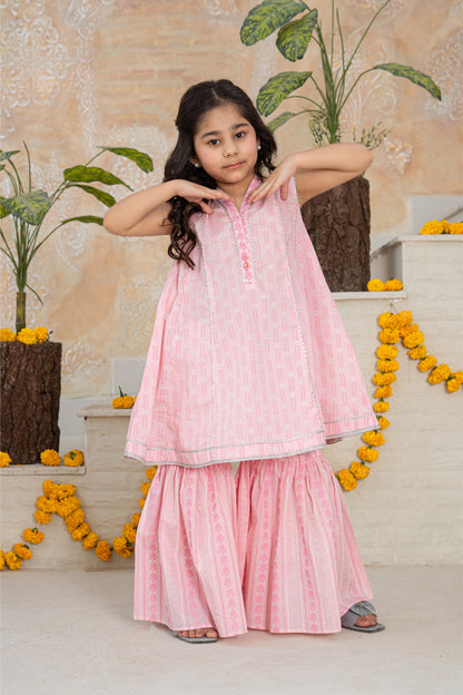 3 Piece Cotton Lawn Tunic with Sharara for Girls Baby Pink Festive Wear K-MG-008