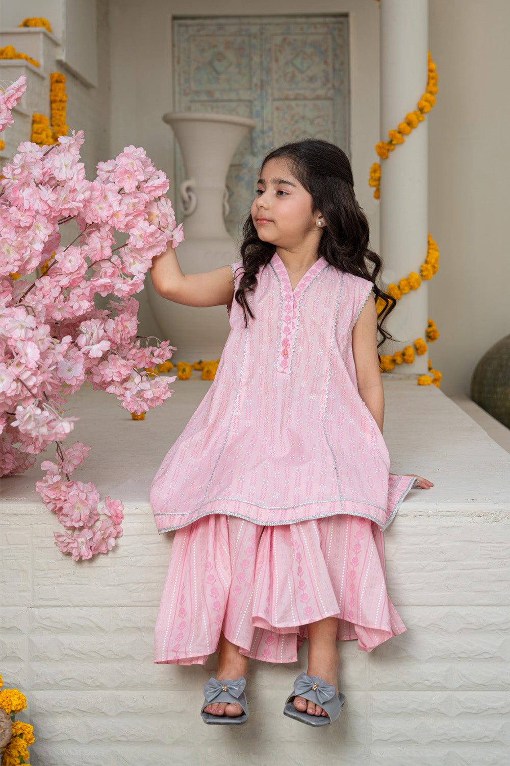3 Piece Cotton Lawn Tunic with Sharara for Girls Baby Pink Festive Wear K-MG-008