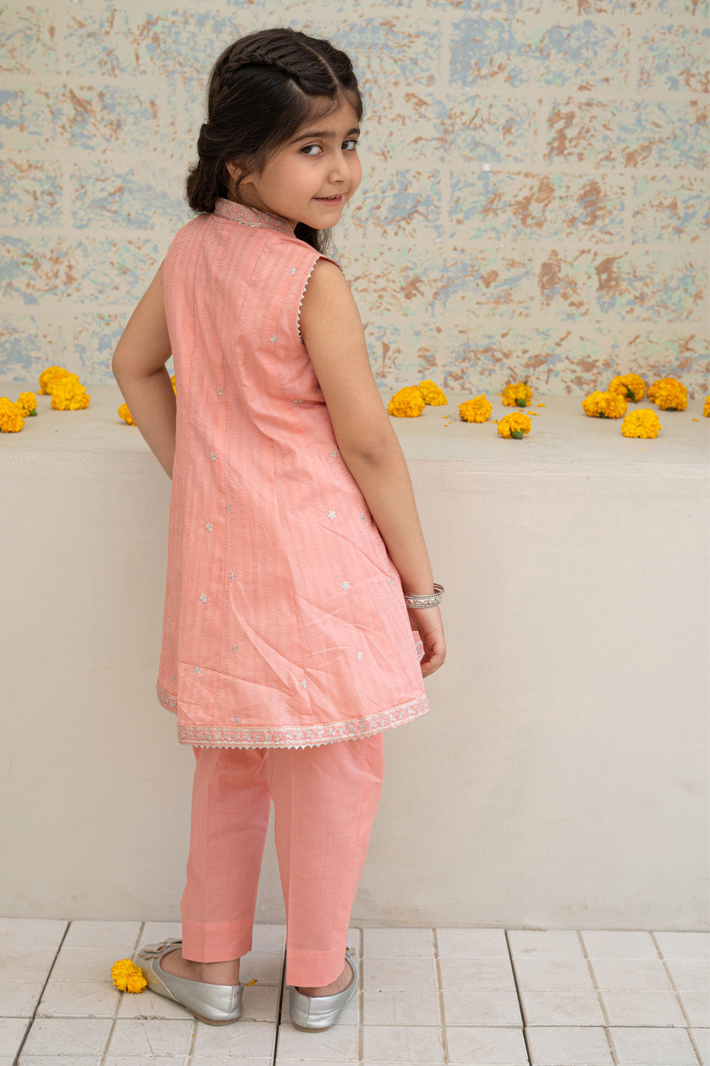 3 Piece Embroidered Cotton Flared Tunic with Trouser for Girls Festive Wear K-MG-019