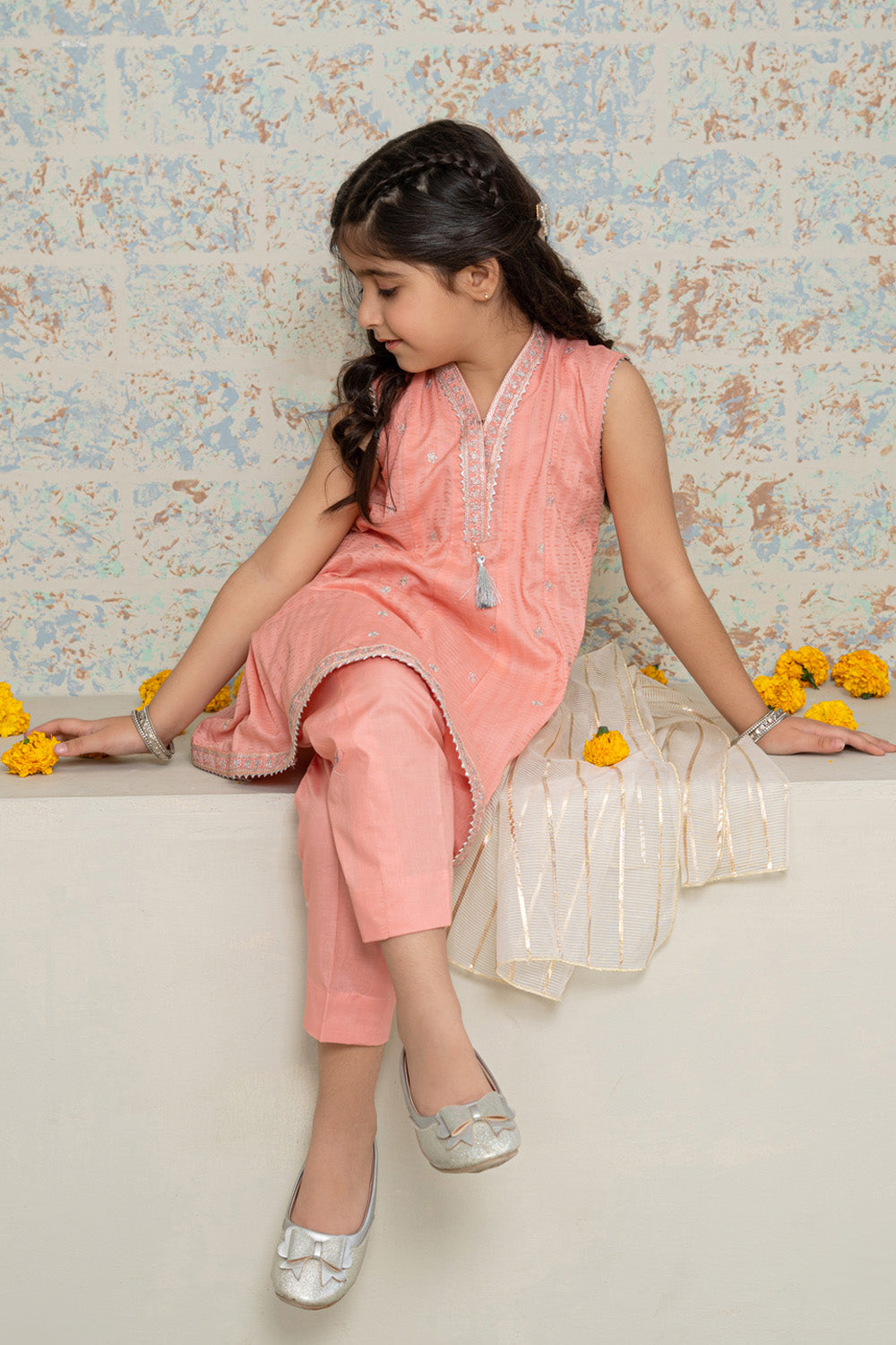 3 Piece Embroidered Cotton Flared Tunic with Trouser for Girls Festive Wear K-MG-019