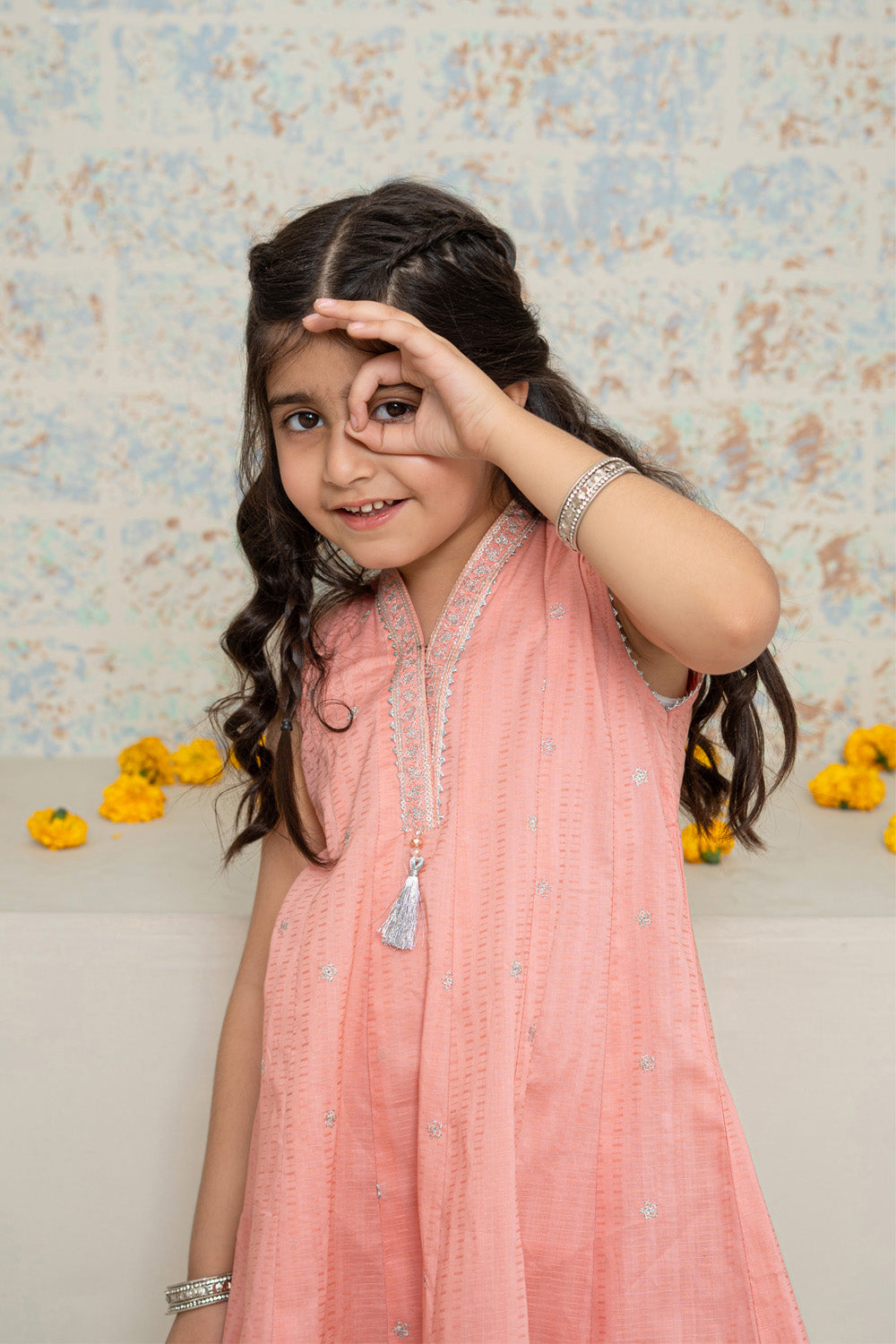3 Piece Embroidered Cotton Flared Tunic with Trouser for Girls Festive Wear K-MG-019