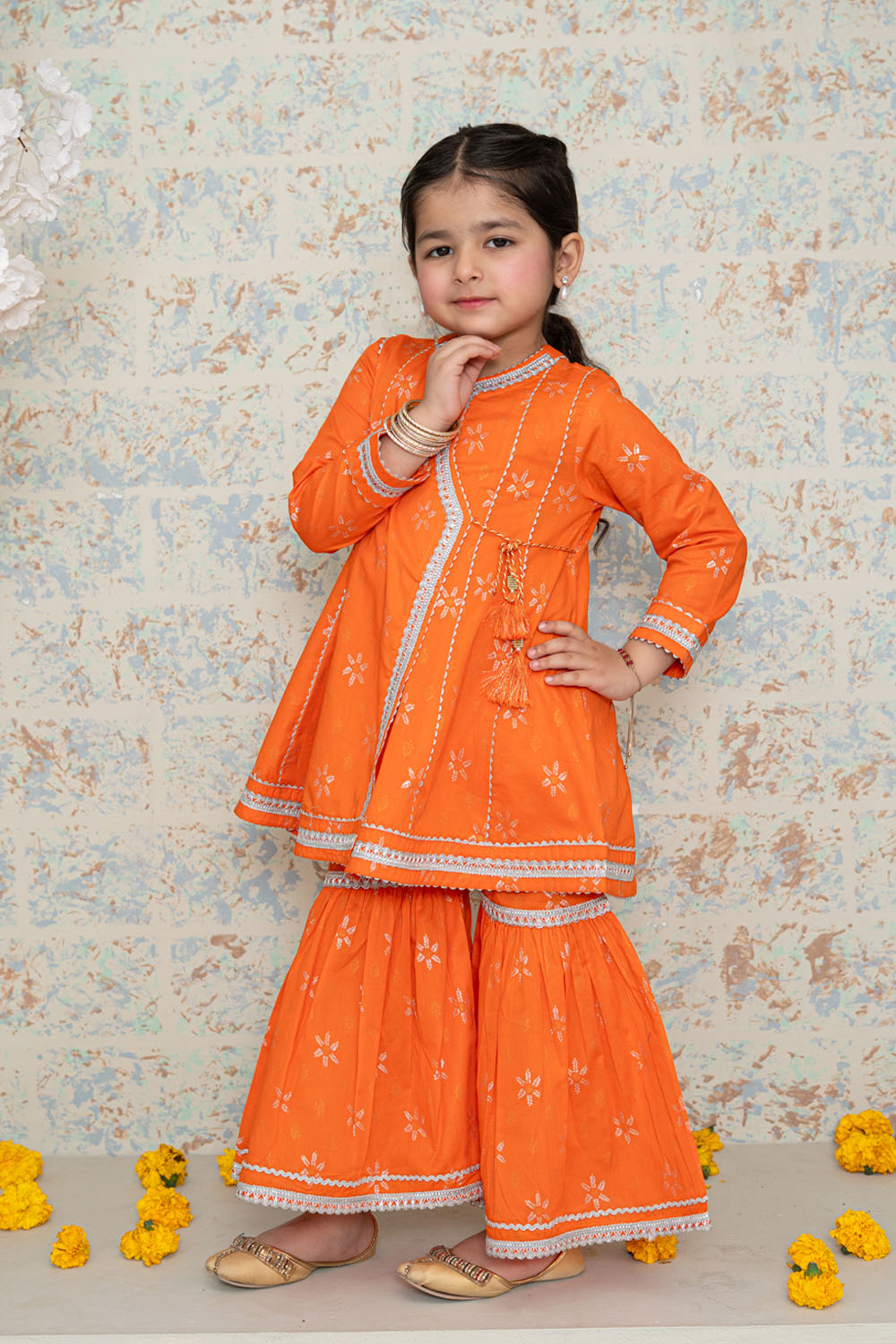 3 Piece Cotton Angrakha Tunic with Gharara for Girls Orange Festive Wear K-MG-007