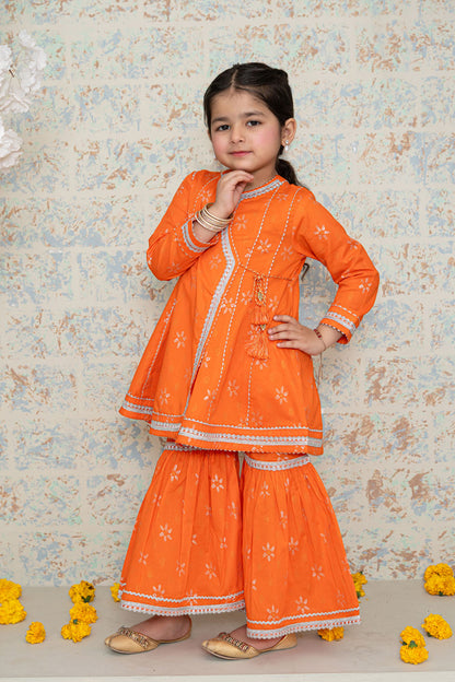 3 Piece Cotton Angrakha Tunic with Gharara for Girls Orange Festive Wear K-MG-007