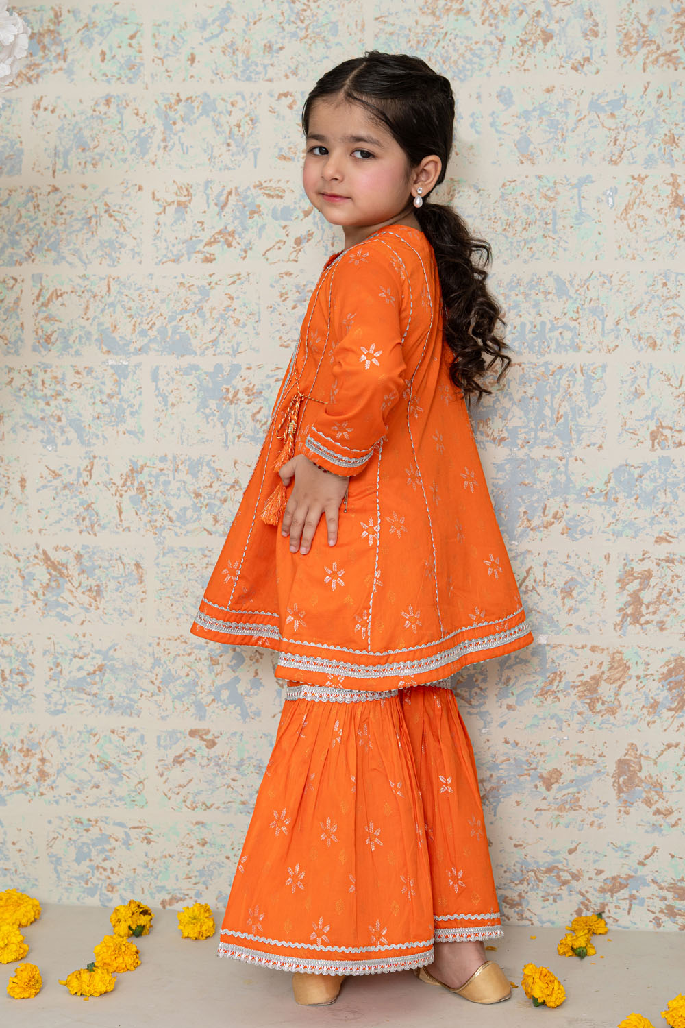 3 Piece Cotton Angrakha Tunic with Gharara for Girls Orange Festive Wear K-MG-007