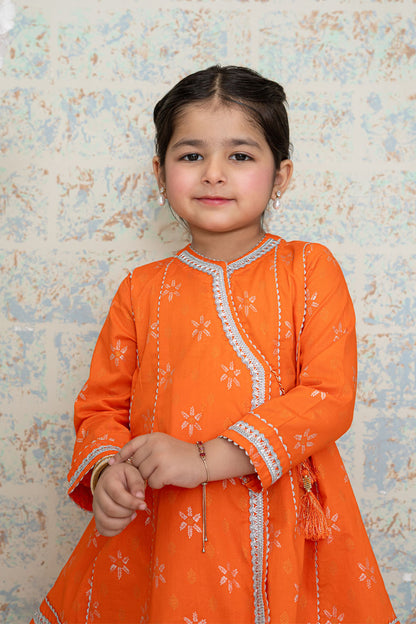 3 Piece Cotton Angrakha Tunic with Gharara for Girls Orange Festive Wear K-MG-007