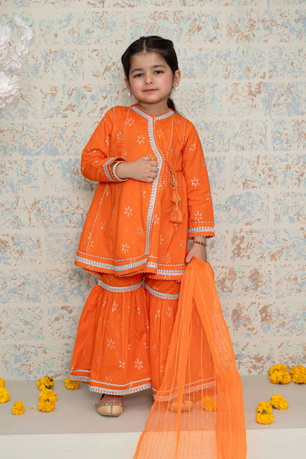 3 Piece Cotton Angrakha Tunic with Gharara for Girls Orange Festive Wear K-MG-007