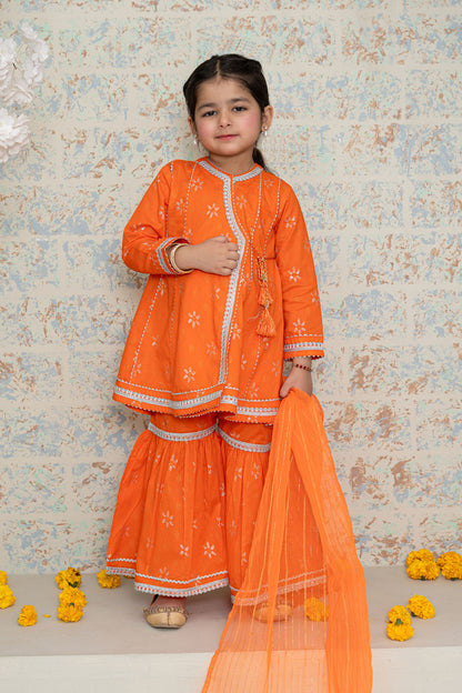 3 Piece Cotton Angrakha Tunic with Gharara for Girls Orange Festive Wear K-MG-007