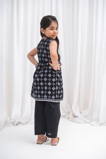Girls Black Angrakha Lawn Tunic & Pants 2 Piece K-MC-TP-009