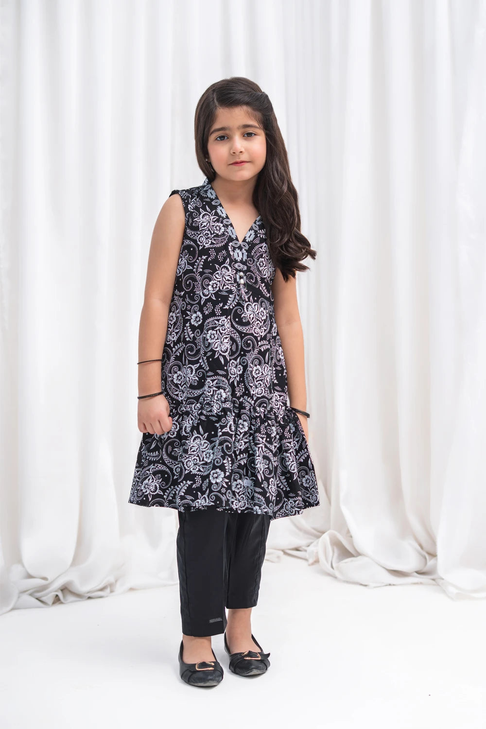 Girls Black Paisley Lawn A-Line Frock & Pants 2 Piece K-MC-TP-011