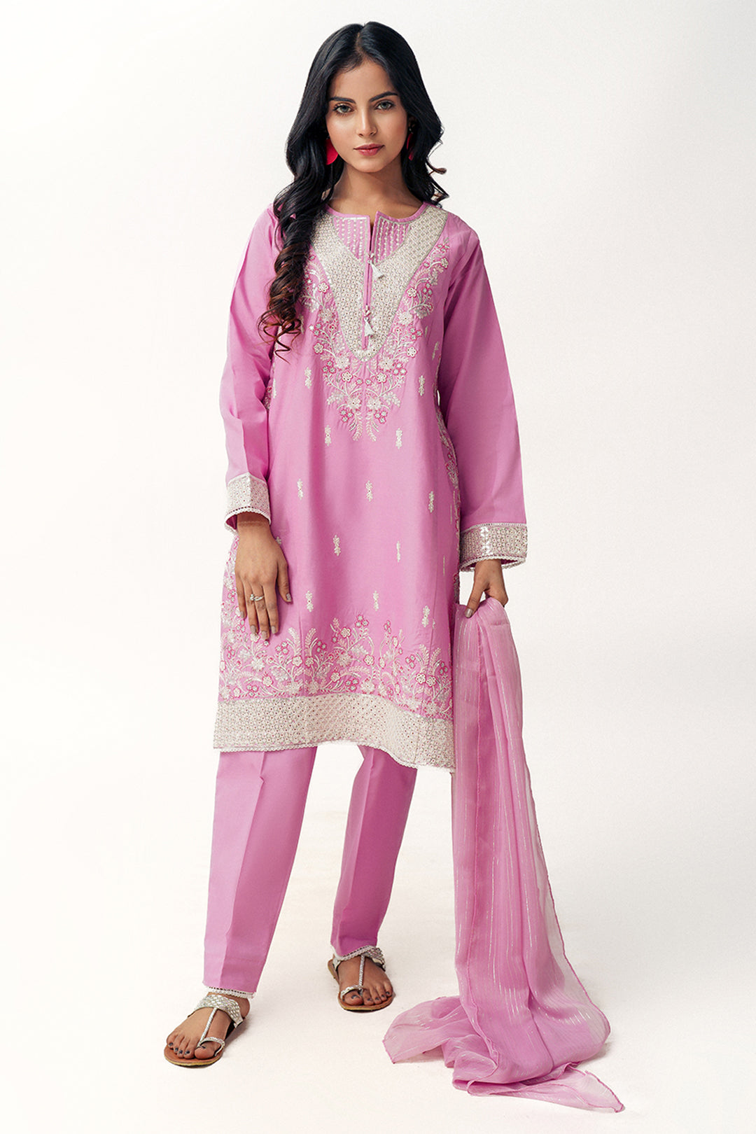 3 Piece Lilac Embroidered Dress & Chiffon Dupatta T-SFC-001