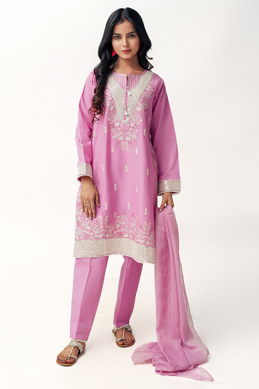 3 Piece Lilac Embroidered Dress & Chiffon Dupatta T-SFC-001