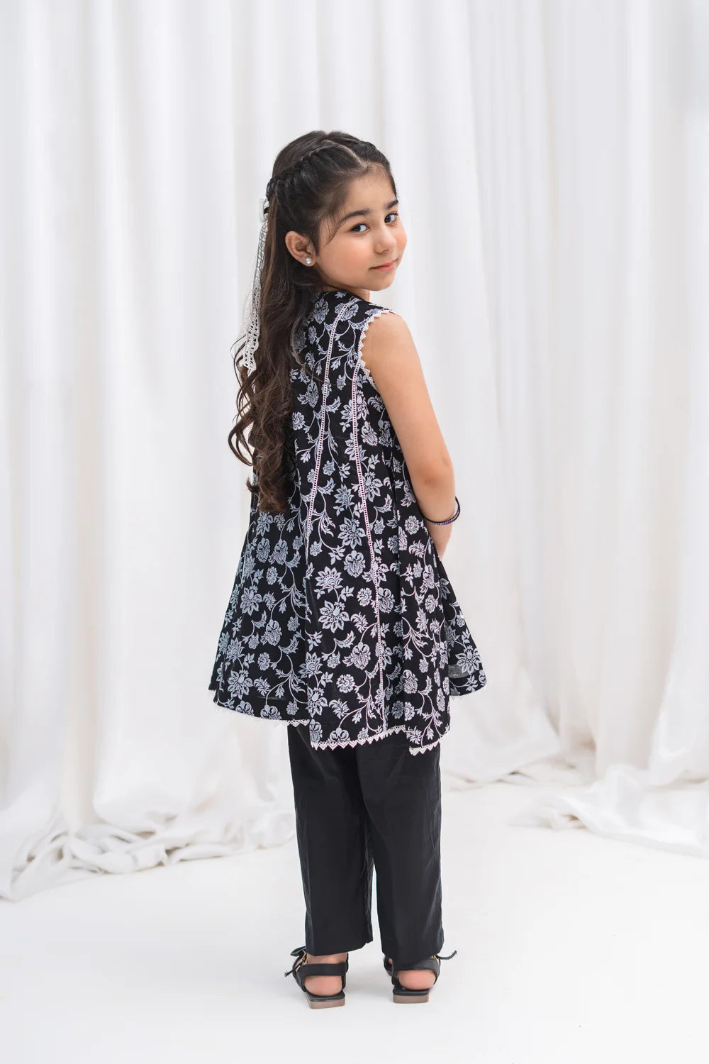 Girls Black Floral Panel Frock & Pants 2 Piece K-MC-TP-014