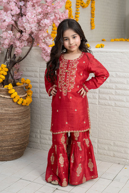 3 Piece Embroidered Silk Blend Shirt with Gharara for Girls Festive Wear K-FORT-009