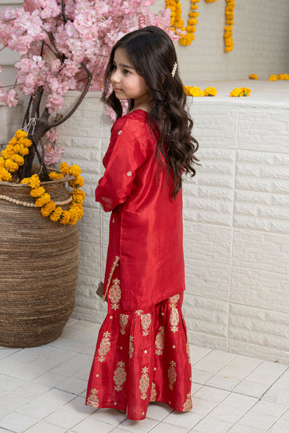 3 Piece Embroidered Silk Blend Shirt with Gharara for Girls Festive Wear K-FORT-009