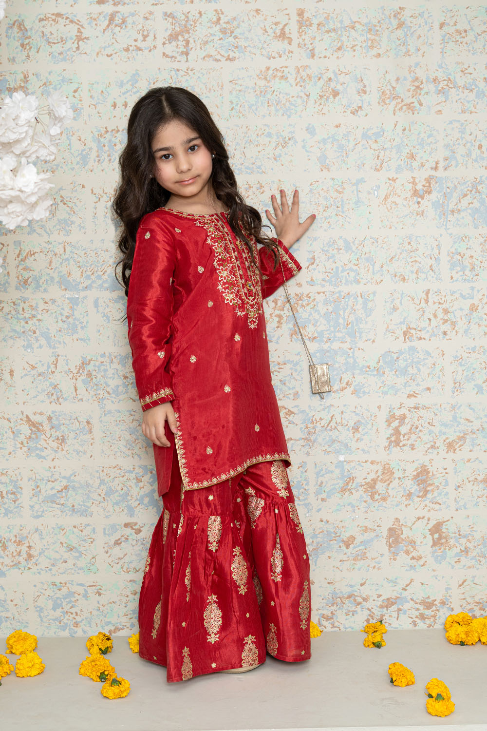 3 Piece Embroidered Silk Blend Shirt with Gharara for Girls Festive Wear K-FORT-009