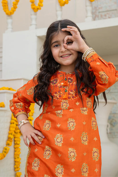 3 Piece Embroidered Indian Raw Silk Kurta with Gharara for Girls Orange Festive Wear K-FORT-007