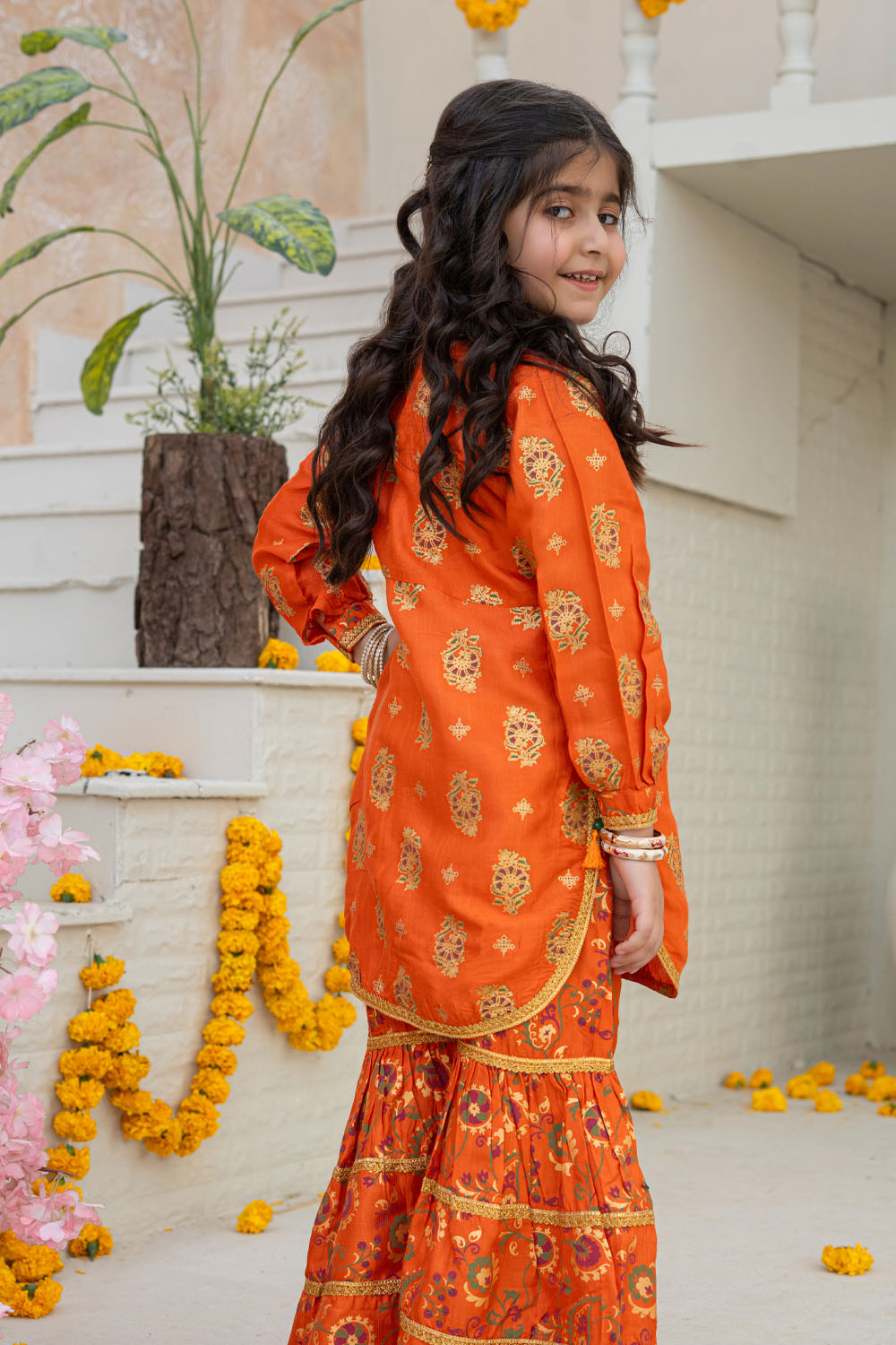 3 Piece Embroidered Indian Raw Silk Kurta with Gharara for Girls Orange Festive Wear K-FORT-007