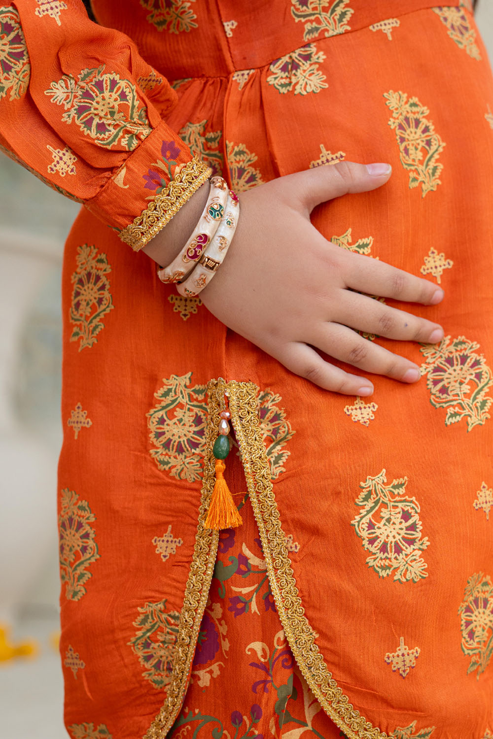 3 Piece Embroidered Indian Raw Silk Kurta with Gharara for Girls Orange Festive Wear K-FORT-007